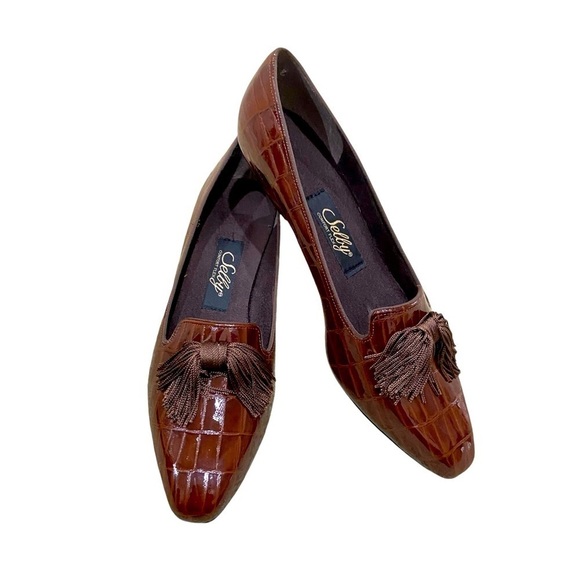 Nwot Selby comfort flex patent leather slip on caramel faux croc tassel bow sz 9 - Picture 3 of 10